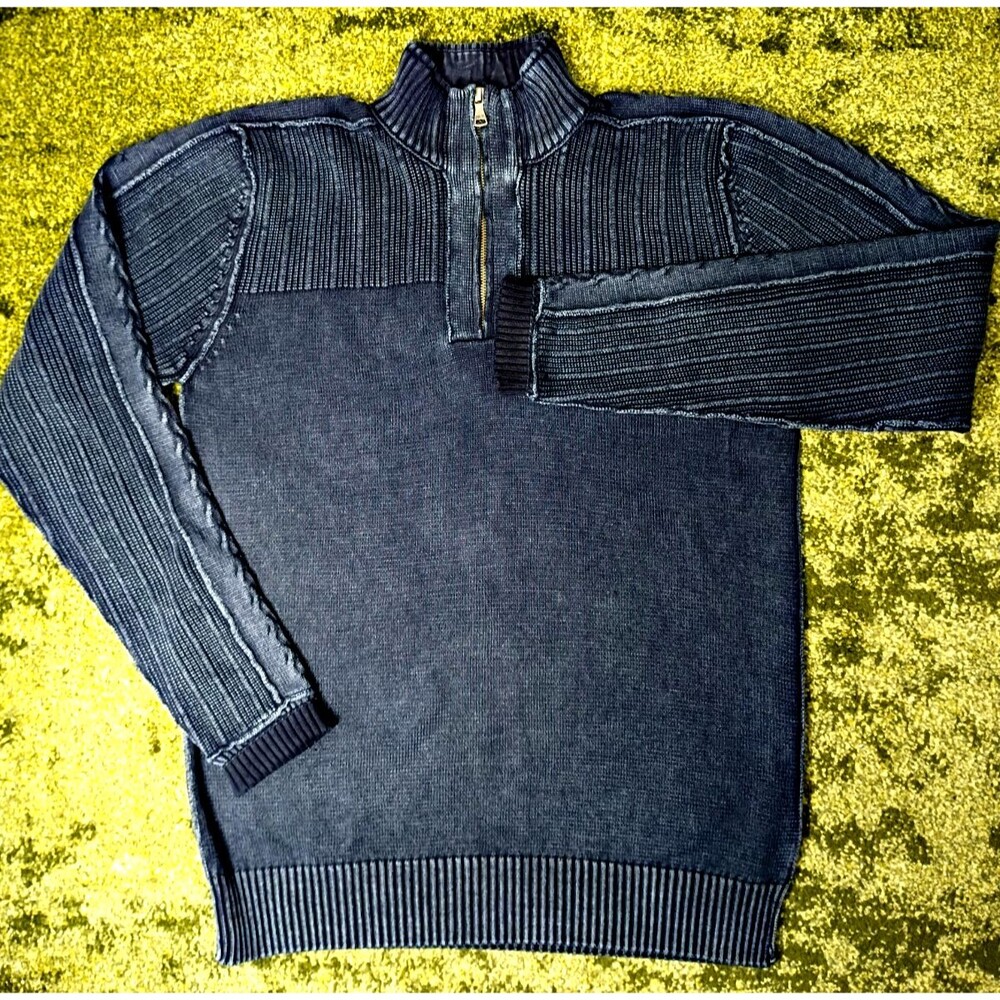 Buckle BKE Sweater Size L Standard Fit Stone Wash Indigo Blue Cable Quarter Zip